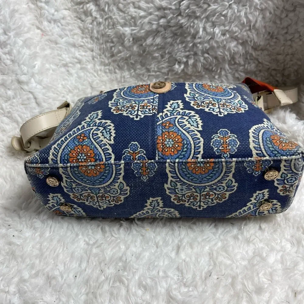 Spartina 449 Blue Bohemian canvas shoulder bag beige strap gold tone hardwares